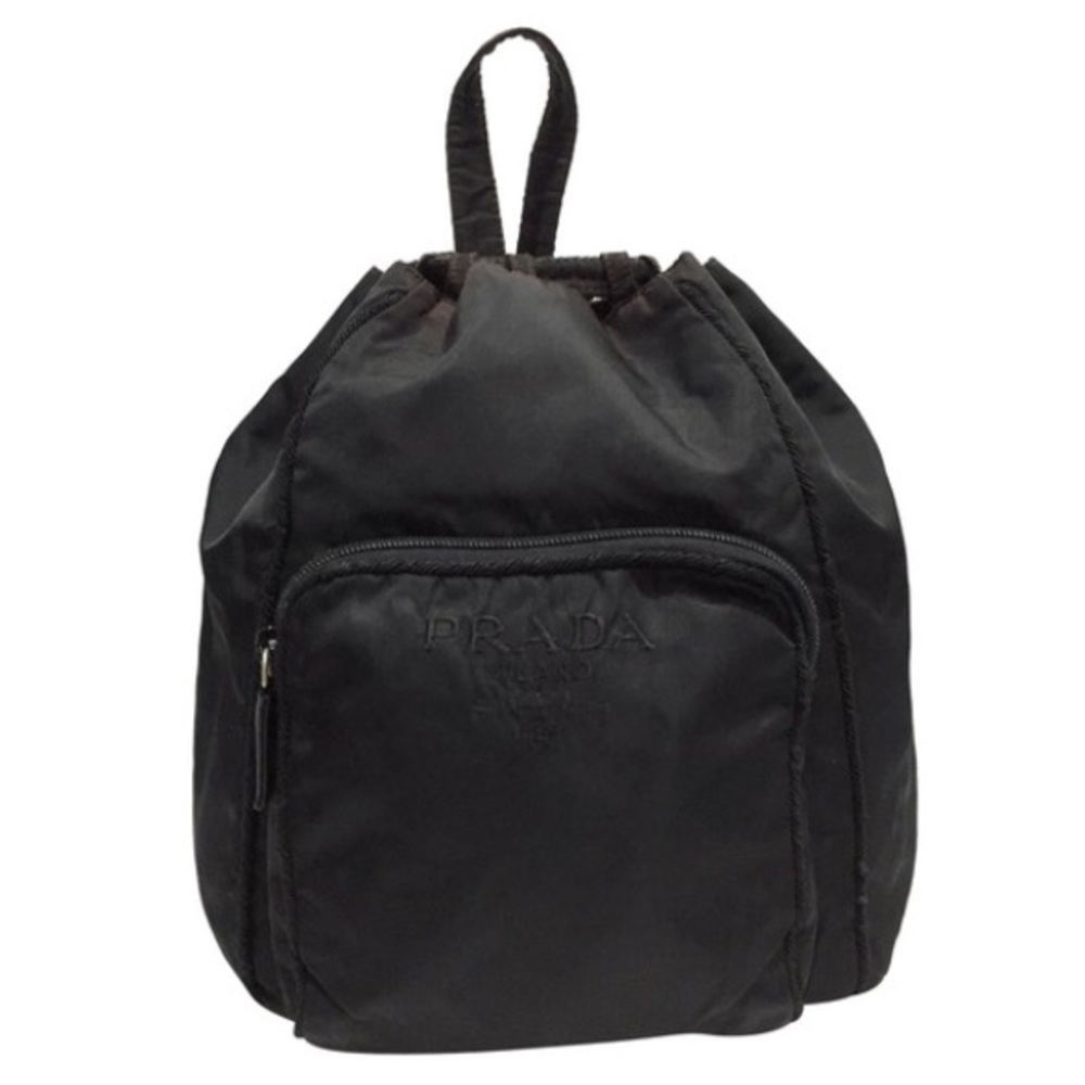 Prada black nylon embroidered logo vintage small drawstring backpack